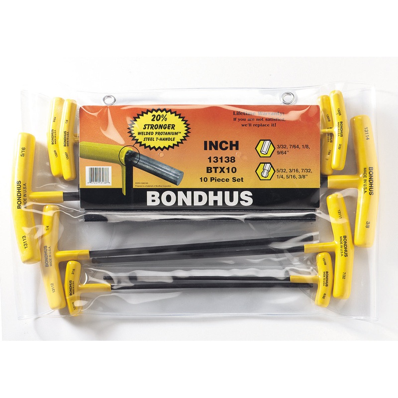 13138, Bondhus 10 Piece Inch T-Handle Hexdriver/Balldriver Set (3/32″ to 3/8″)