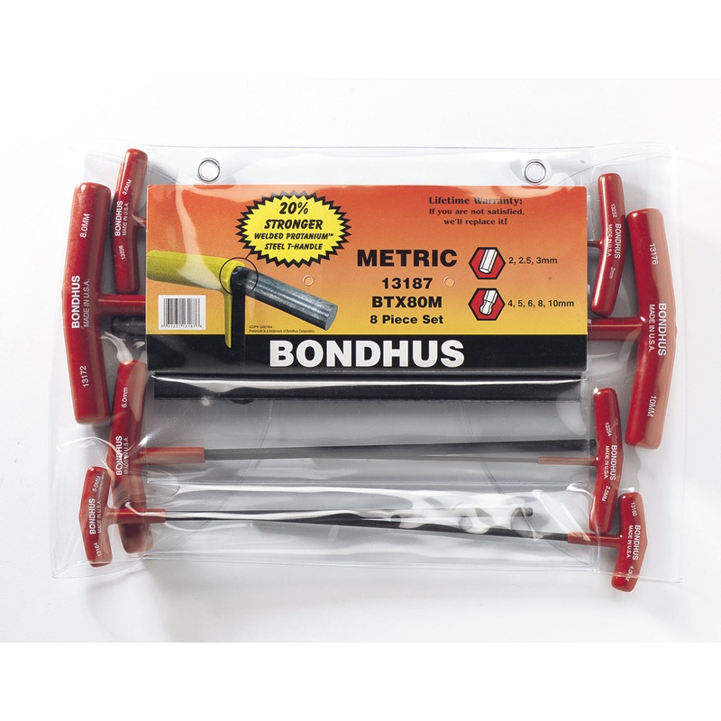 13187, Bondhus 8 Piece Metric T-Handle Hexdriver/Balldriver Set (2.0mm to 10.0mm)