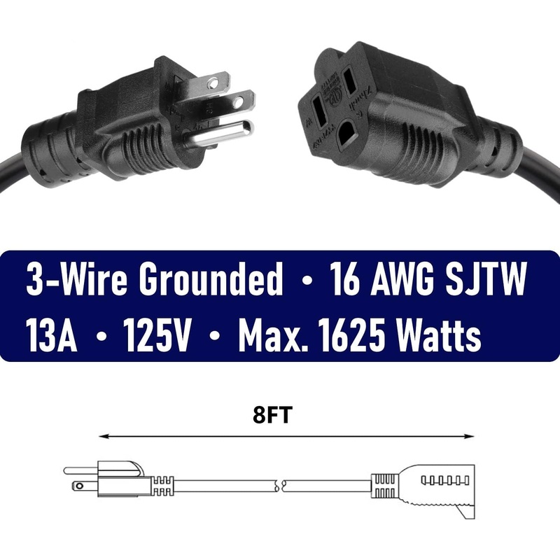 10W1-51519-08, comtp 8ft Extension Cord Outdoor Indoor Use 14 AWG Heavy Duty Power Cord 3 Prong SJTW, NEMA 5-15P to NEMA 5-15R,
