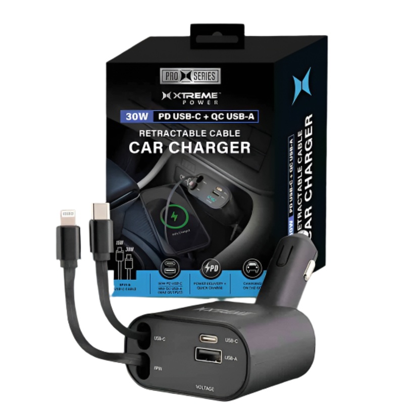 Xtreme XCC81032BLK Power 30W PD USB-C + QC USB-A Retractable Cable Car Charger