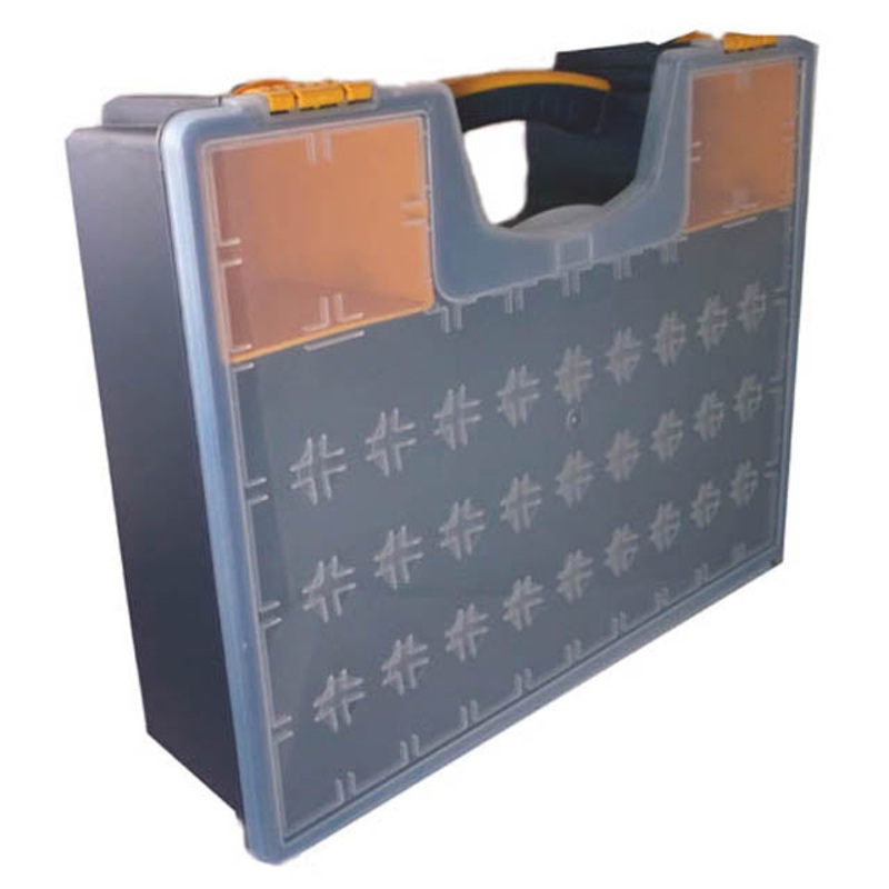 07611 – COMPONENT BOX 16.5X13X4.5IN CLEAR LID WITH 2 REMOVABLE BINS