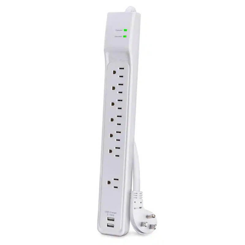 1001338414 – POWER BAR 7 O/LET 6FT CORD RA PL SURGE PROTECT W/2USB 3.4A 2100J