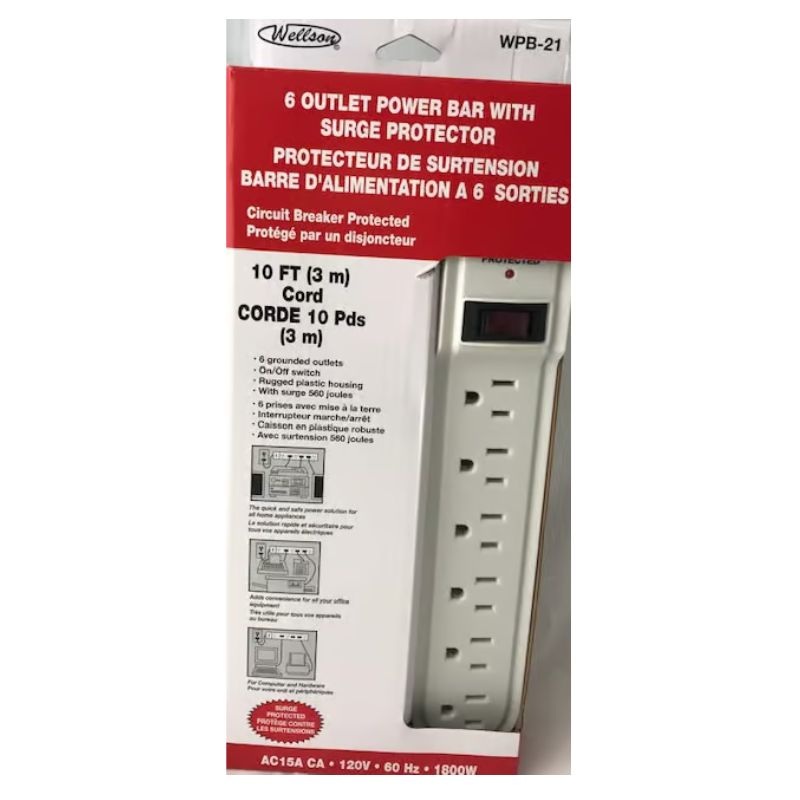 WPB-21 – POWER BAR 6 O/LET 10FT CORD 560 JOULES 15A