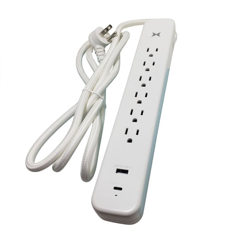 XWS8-1010-WH – POWER BAR 6 O/LET 6FT CORD RA PL USB-C/20W USB-A/18W O/LETS
