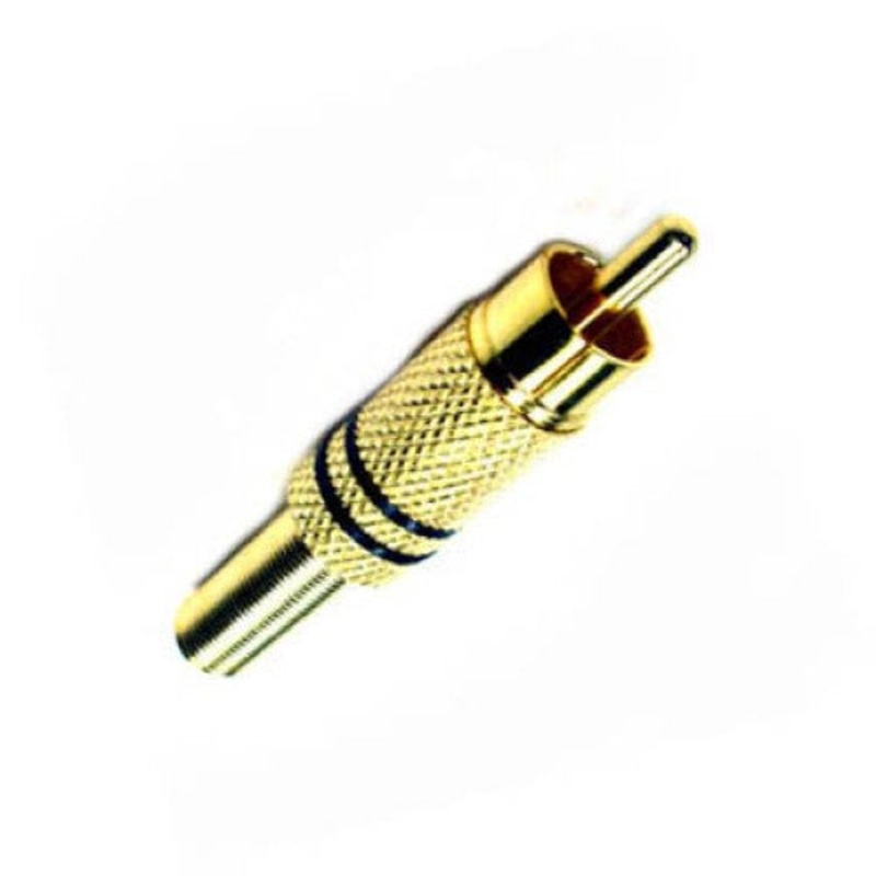 24-124-0 – RCA PLUG INLINE SOL METAL BLACK GOLD STRAIN RELIEF