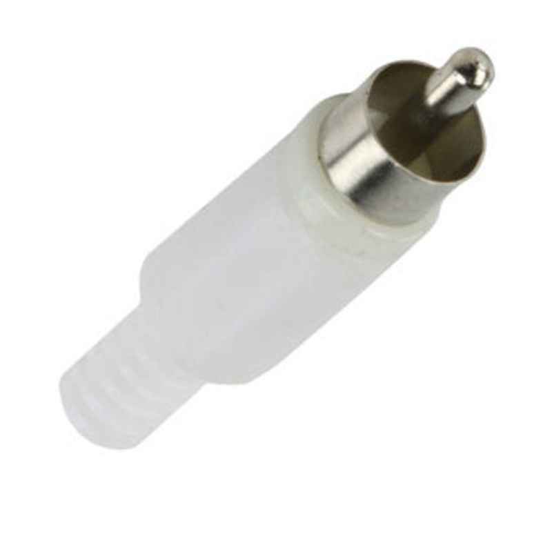 CA047 W – RCA PLUG INLINE SOL PLAST WHITE TIN STRAIN RELIEF (2 pcs/pkg)
