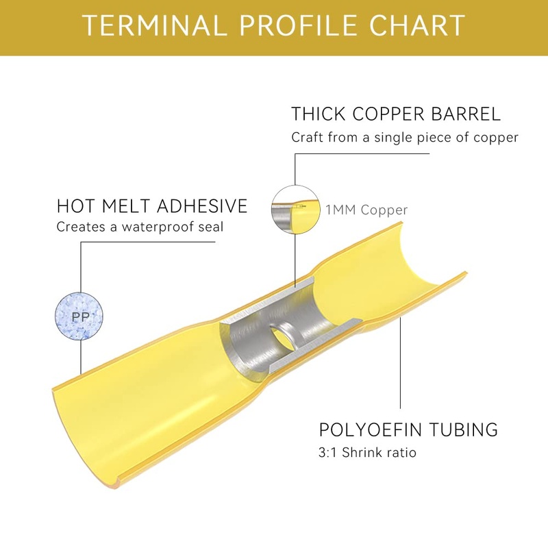 MVHS-BS-Y-120 Yellow Heat Shrink Butt Connector 12-10 AWG – Electrical Connectors – Tinned Red Copper 1mm – Automotive Marine Stereo Boat Crimp – Waterproof and Insulated