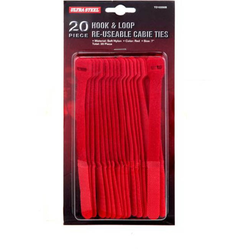 TD10200B – VELCRO HOOK AND LOOP TIE RED 7IN RESUABLE SOFT NYLON 20PCS PACK (20 pcs/pkg)