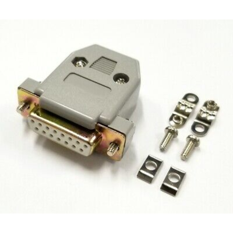 DB 15 Pin Female D-Sub Cable Mount Connector w/ Plastic Cover & Hardware DB15