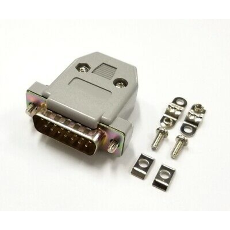 DB 15 Pin Male D-Sub Cable Mount Connector w/ Plastic Cover & Hardware DB15