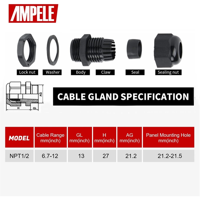 GLANDS-1/2 1/2” NPT Cable Gland WP Adj 6-12mm/0.24-0.47inch