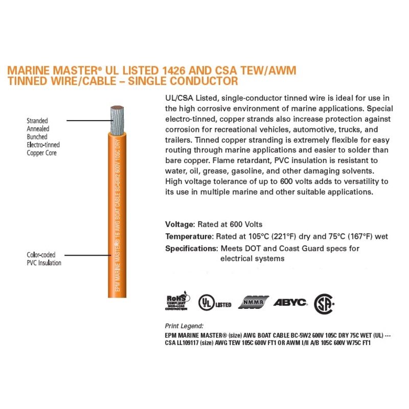 Deka # 7405 8 Gauge BLACK Stranded Marine Grade 600V Wire PER FOOT, UL1426 105C