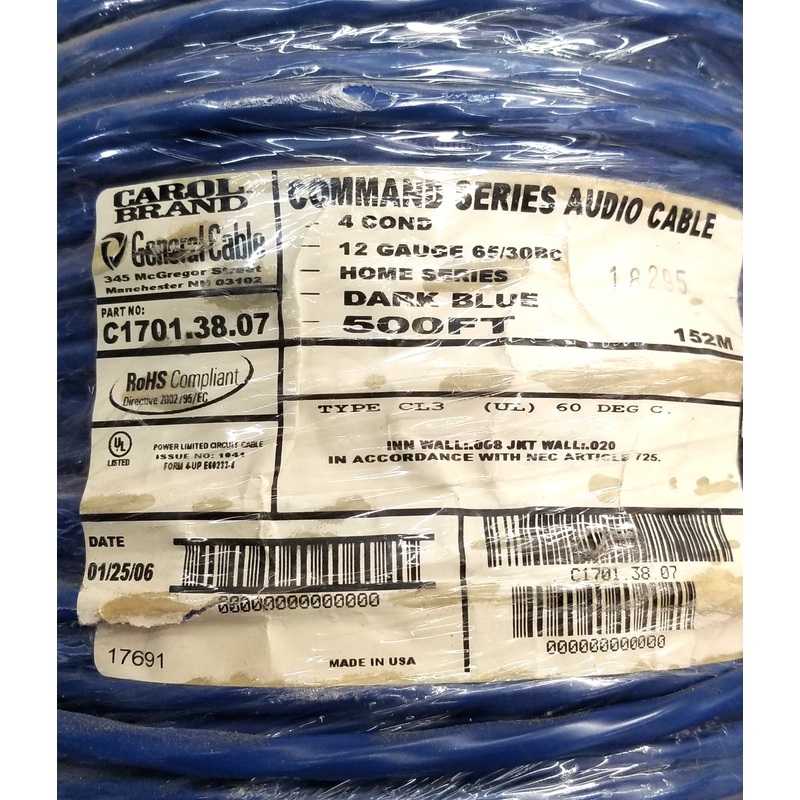 500FT Roll of Carol C1701.38.07, BLUE 4 Conductor 12 Gauge In-Wall Speaker Cable