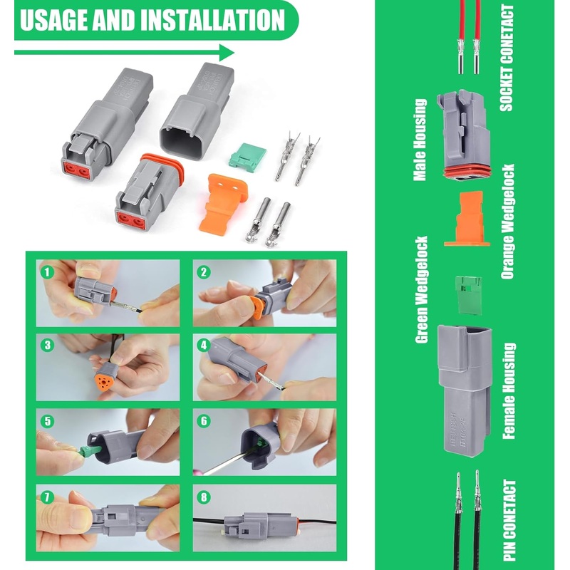 DT-12-M Grey 12 Pin Male Connectors Waterproof Electrical Wire Connector with Stamped Contacts and Seal Plug for Truck, Off-Road Vehicles, Construction, Agriculture, Motorcycle Wiring